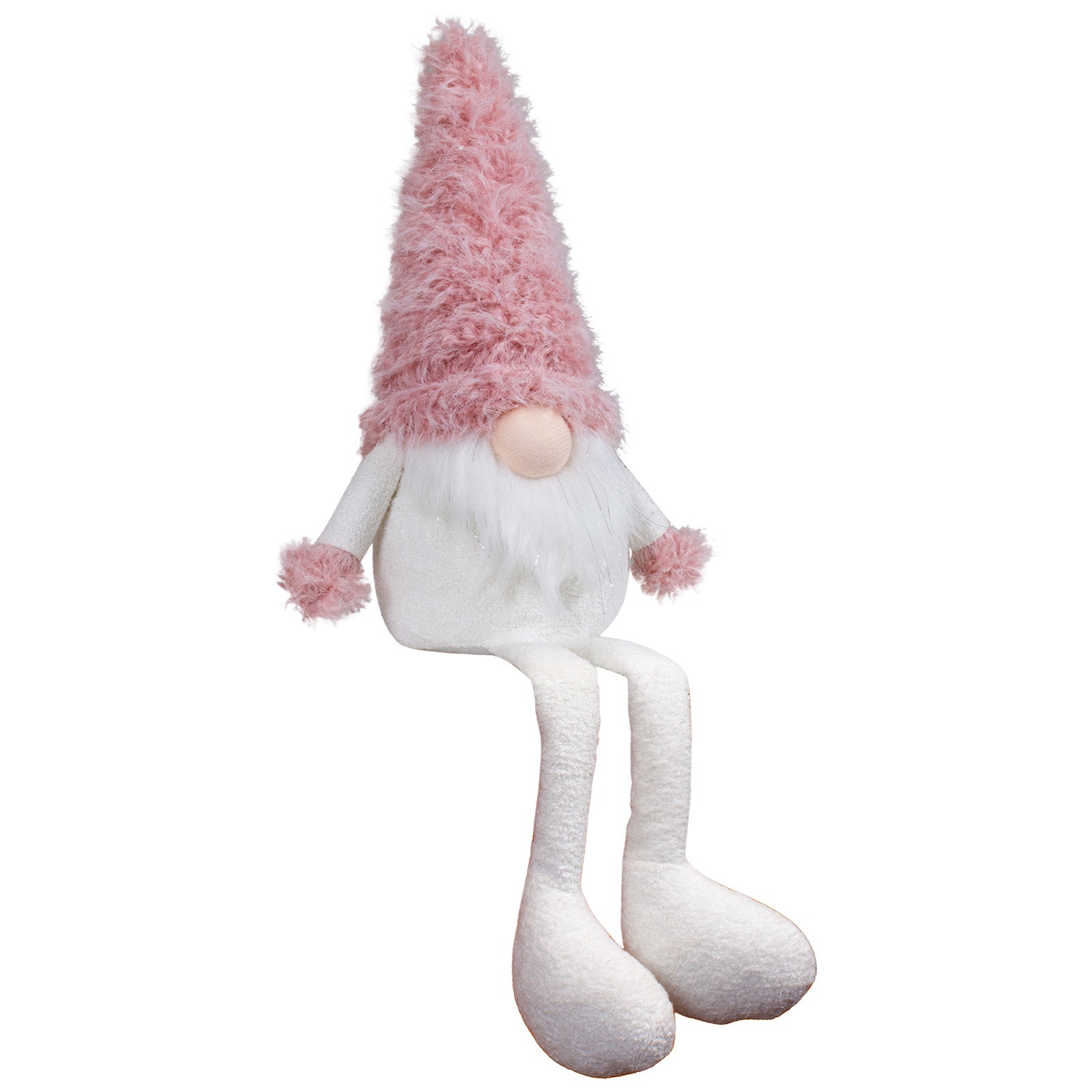 Wichtel als Kantenhocker mit einer rosa Zottelmütze. Im weißen Fellbart sind dezente Silbersträhnen eingearbeitet. Dadurch bekommt er eine außergewöhnliche Erscheinung. Höhe: ca. 45 cm - Material: Stoff, Fell - Farben: rosa, weiß, silber