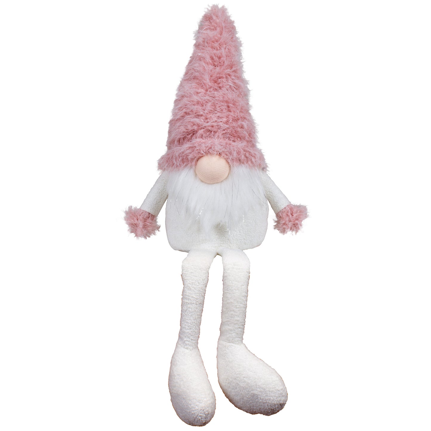 Wichtel als Kantenhocker mit einer rosa Zottelmütze. Im weißen Fellbart sind dezente Silbersträhnen eingearbeitet. Dadurch bekommt er eine außergewöhnliche Erscheinung. Höhe: ca. 45 cm - Material: Stoff, Fell - Farben: rosa, weiß, silber