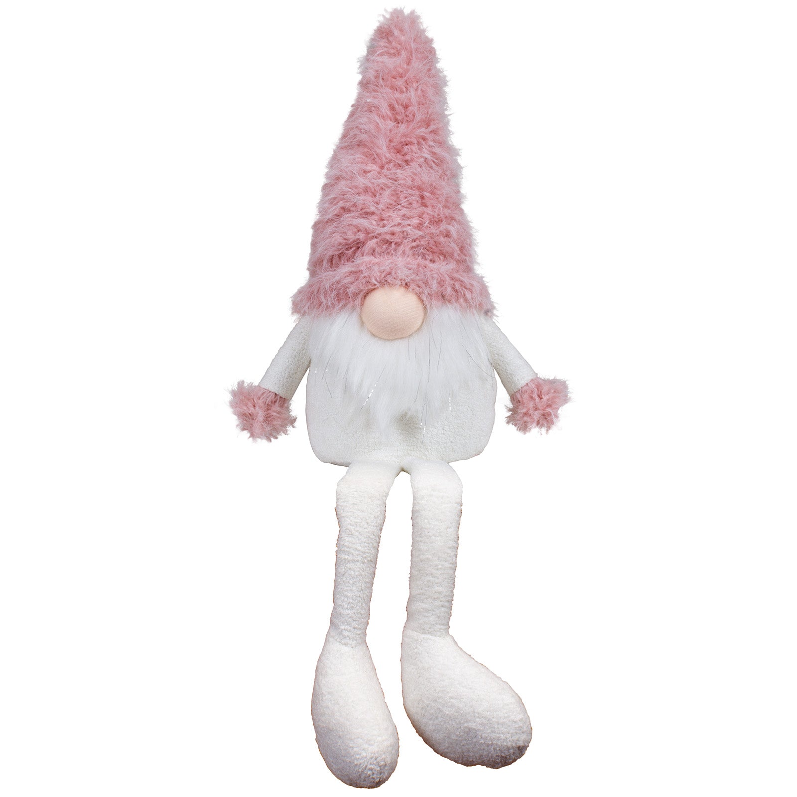 Wichtel als Kantenhocker mit einer rosa Zottelmütze. Im weißen Fellbart sind dezente Silbersträhnen eingearbeitet. Dadurch bekommt er eine außergewöhnliche Erscheinung. Höhe: ca. 45 cm - Material: Stoff, Fell - Farben: rosa, weiß, silber