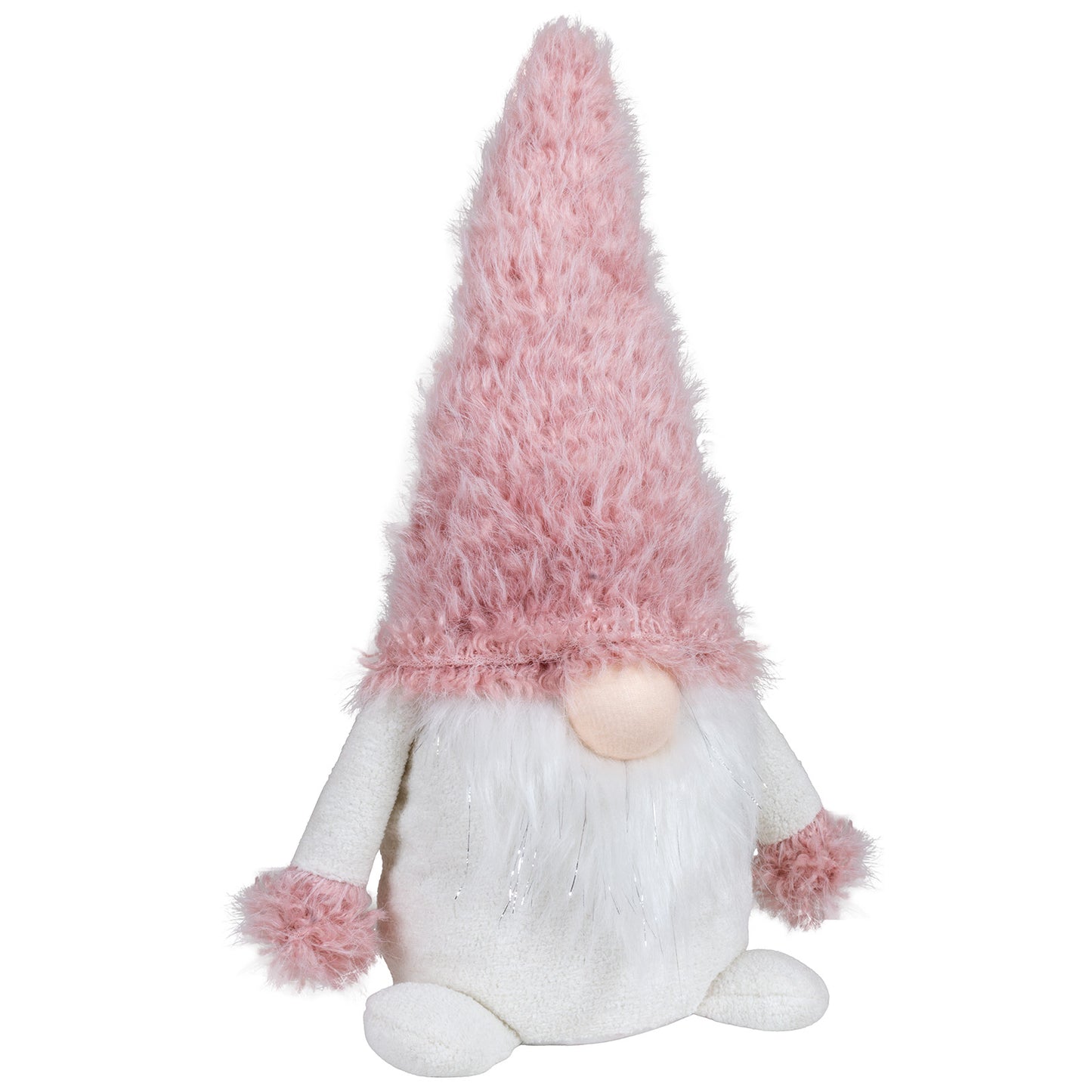 Sitzender Wichtel mit einer rosa Zottelmütze. Im weißen Fellbart sind dezente Silbersträhnen eingearbeitet. Dadurch bekommt er eine außergewöhnliche Erscheinung. Höhe: ca. 35 cm - Material: Stoff, Fell - Farben: rosa, weiß, silber