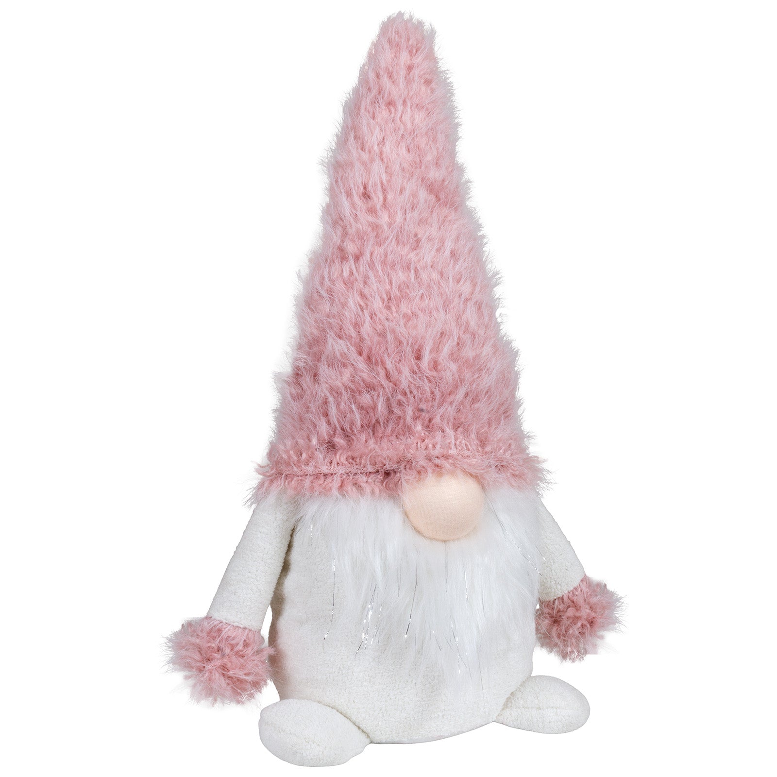 Sitzender Wichtel mit einer rosa Zottelmütze. Im weißen Fellbart sind dezente Silbersträhnen eingearbeitet. Dadurch bekommt er eine außergewöhnliche Erscheinung. Höhe: ca. 35 cm - Material: Stoff, Fell - Farben: rosa, weiß, silber