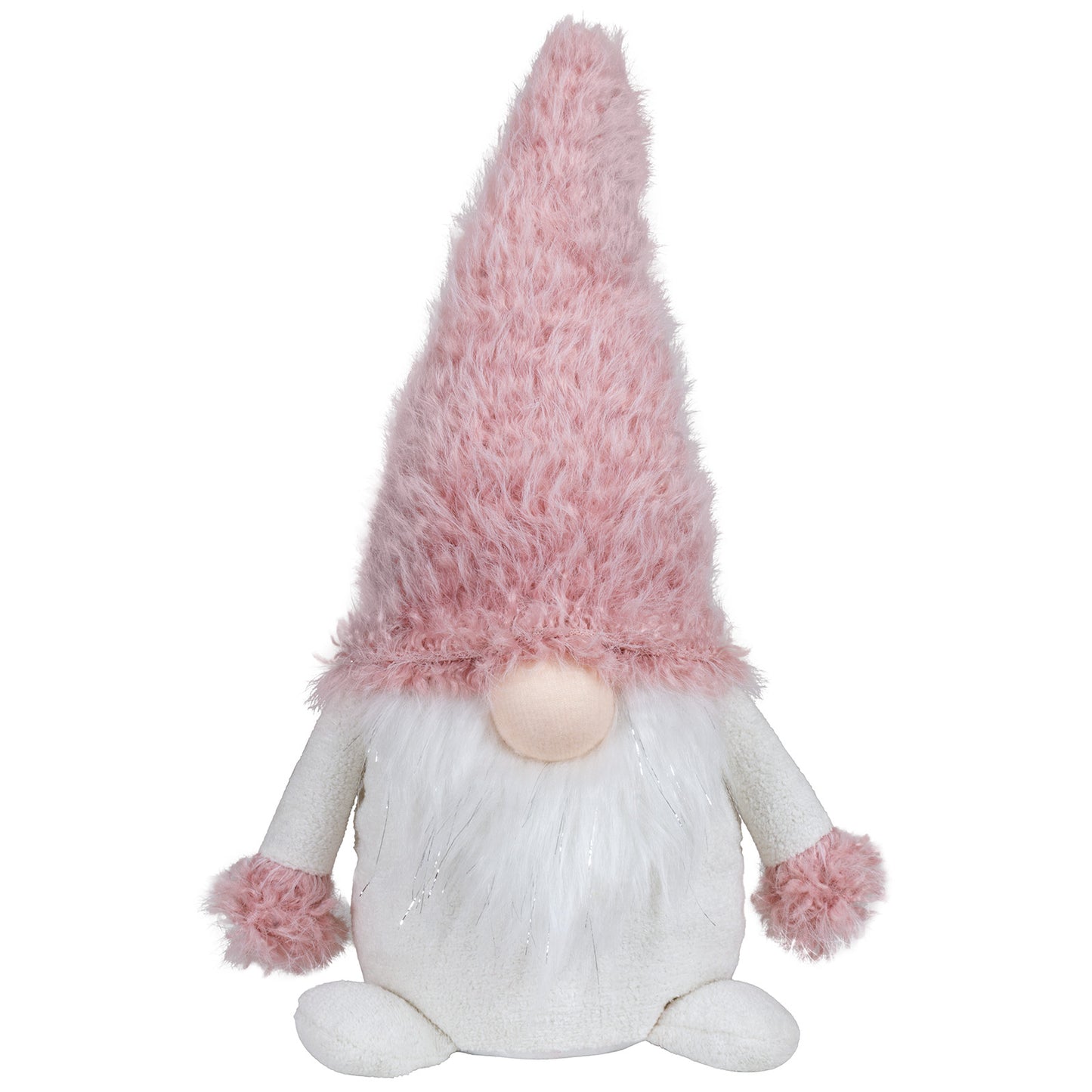 Sitzender Wichtel mit einer rosa Zottelmütze. Im weißen Fellbart sind dezente Silbersträhnen eingearbeitet. Dadurch bekommt er eine außergewöhnliche Erscheinung. Höhe: ca. 35 cm - Material: Stoff, Fell - Farben: rosa, weiß, silber