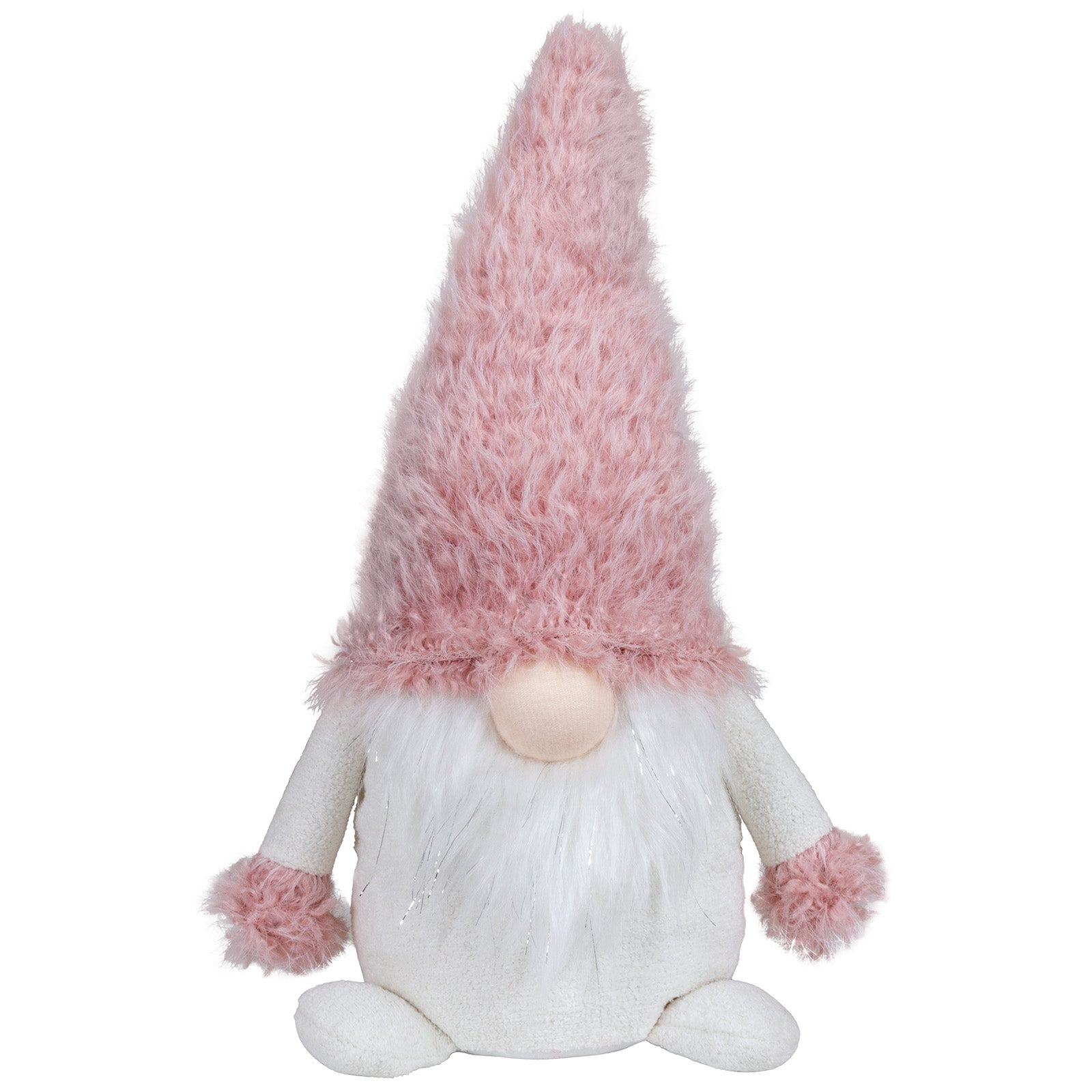 Sitzender Wichtel mit einer rosa Zottelmütze. Im weißen Fellbart sind dezente Silbersträhnen eingearbeitet. Dadurch bekommt er eine außergewöhnliche Erscheinung. Höhe: ca. 35 cm - Material: Stoff, Fell - Farben: rosa, weiß, silber