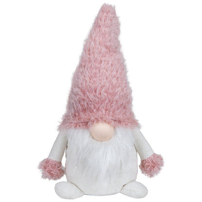 Sitzender Wichtel mit einer rosa Zottelmütze. Im weißen Fellbart sind dezente Silbersträhnen eingearbeitet. Dadurch bekommt er eine außergewöhnliche Erscheinung. Höhe: ca. 35 cm - Material: Stoff, Fell - Farben: rosa, weiß, silber