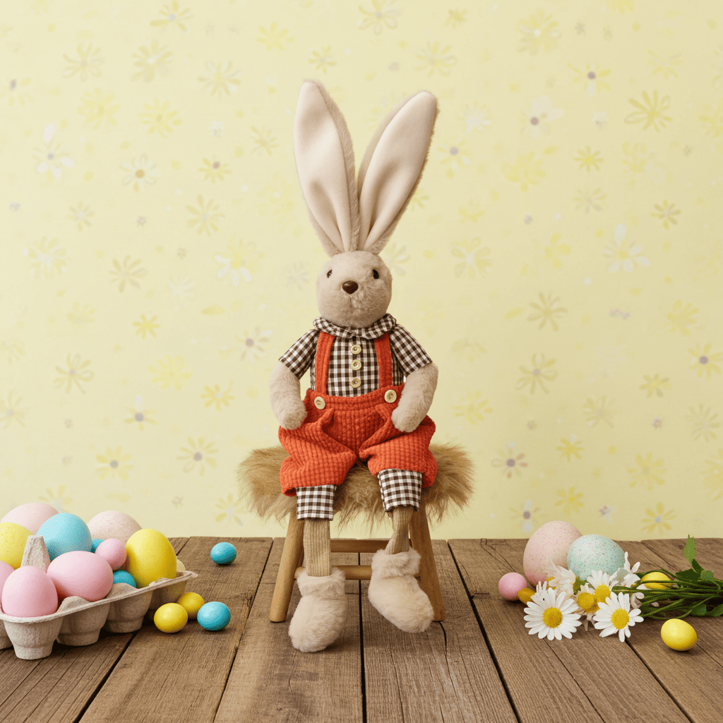 Kantenhocker Hase mit roter Hose und kariertem Hemd. Seine Arme können in alle Richtungen gebogen werden. Dadurch kann er ständig ein neues Aussehen annehmen. Frech sieht er aus, wenn auf einem Hocker sitzt, oder seine Beine einfach irgendwo hinunter baumeln lässt. Höhe: ca. 55 cm (ca 35 cm sitzend + ca 20 cm Füße) 
Gewicht: ca. 480 g - Material: Fell, Stoff, Strick, Kunststoff - Farbe: hellbraun, grün, schwarz, weiß, rosa - 
Lieferumfang: 1 Hase (ohne Hocker)