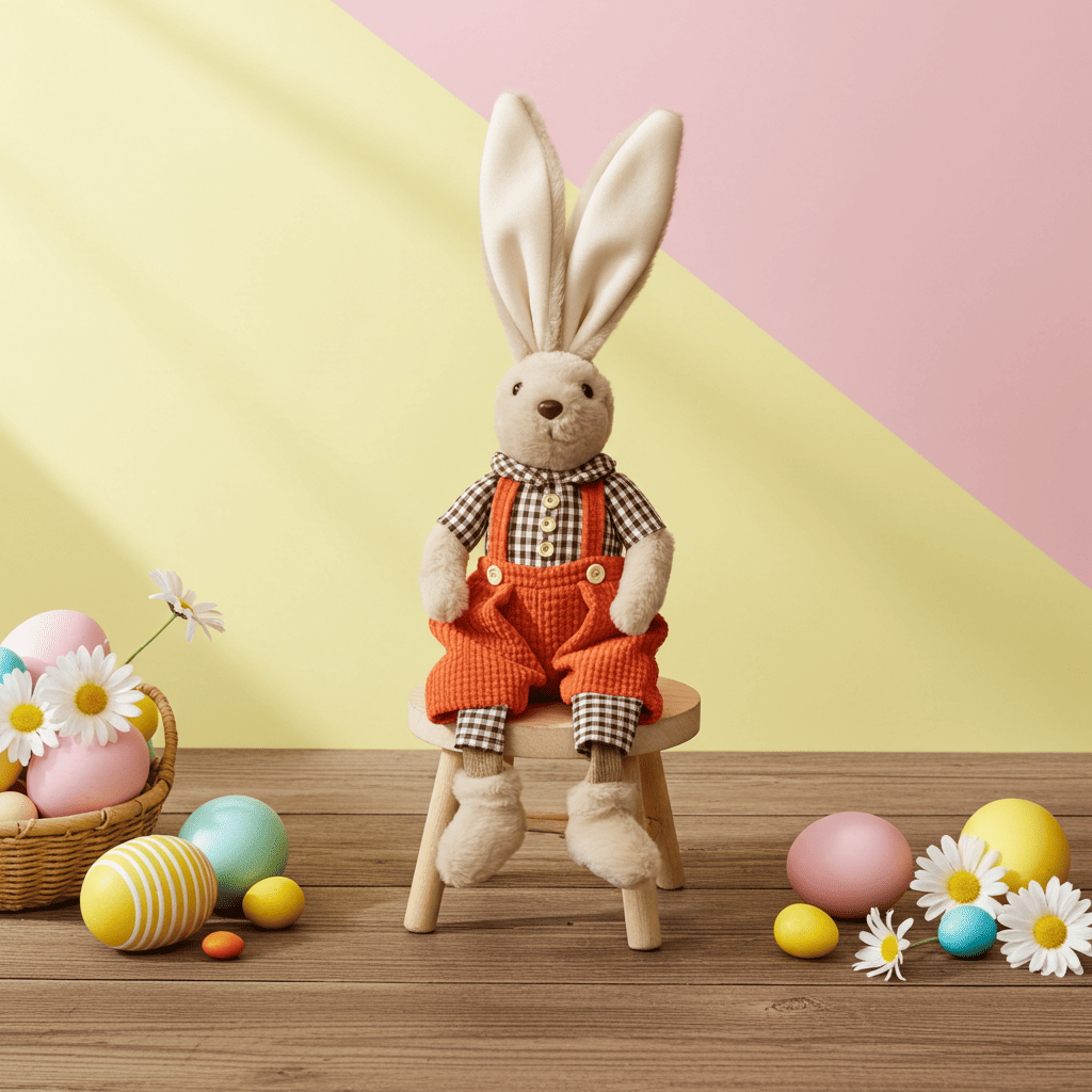 Kantenhocker Hase mit roter Hose und kariertem Hemd. Seine Arme können in alle Richtungen gebogen werden. Dadurch kann er ständig ein neues Aussehen annehmen. Frech sieht er aus, wenn auf einem Hocker sitzt, oder seine Beine einfach irgendwo hinunter baumeln lässt. Höhe: ca. 55 cm (ca 35 cm sitzend + ca 20 cm Füße) 
Gewicht: ca. 480 g - Material: Fell, Stoff, Strick, Kunststoff - Farbe: hellbraun, grün, schwarz, weiß, rosa - 
Lieferumfang: 1 Hase (ohne Hocker)