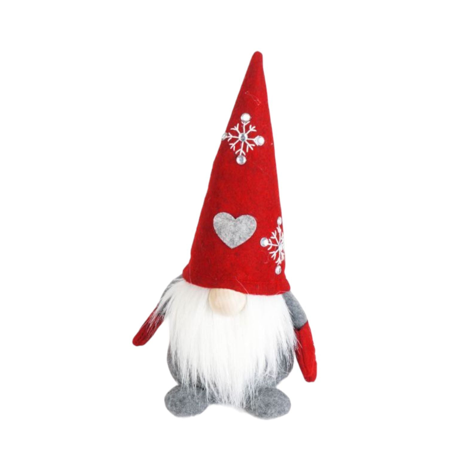 Wichtel - Santa sitzend mit Herz auf der Mütze, sowie gestickter Schneeflocke mit Strasssteinen. Der Wichtel besteht aus einem strapazierfähigen Filz mit einer Holznase . Höhe: ca. 23 cm - 
Gewicht: ca. 200 g - Applikationen: Gestickte Schneeflocke mit Strasssteinen - Material: Filz, Holz, Strasssteine - Farben: rot, weiß, grau