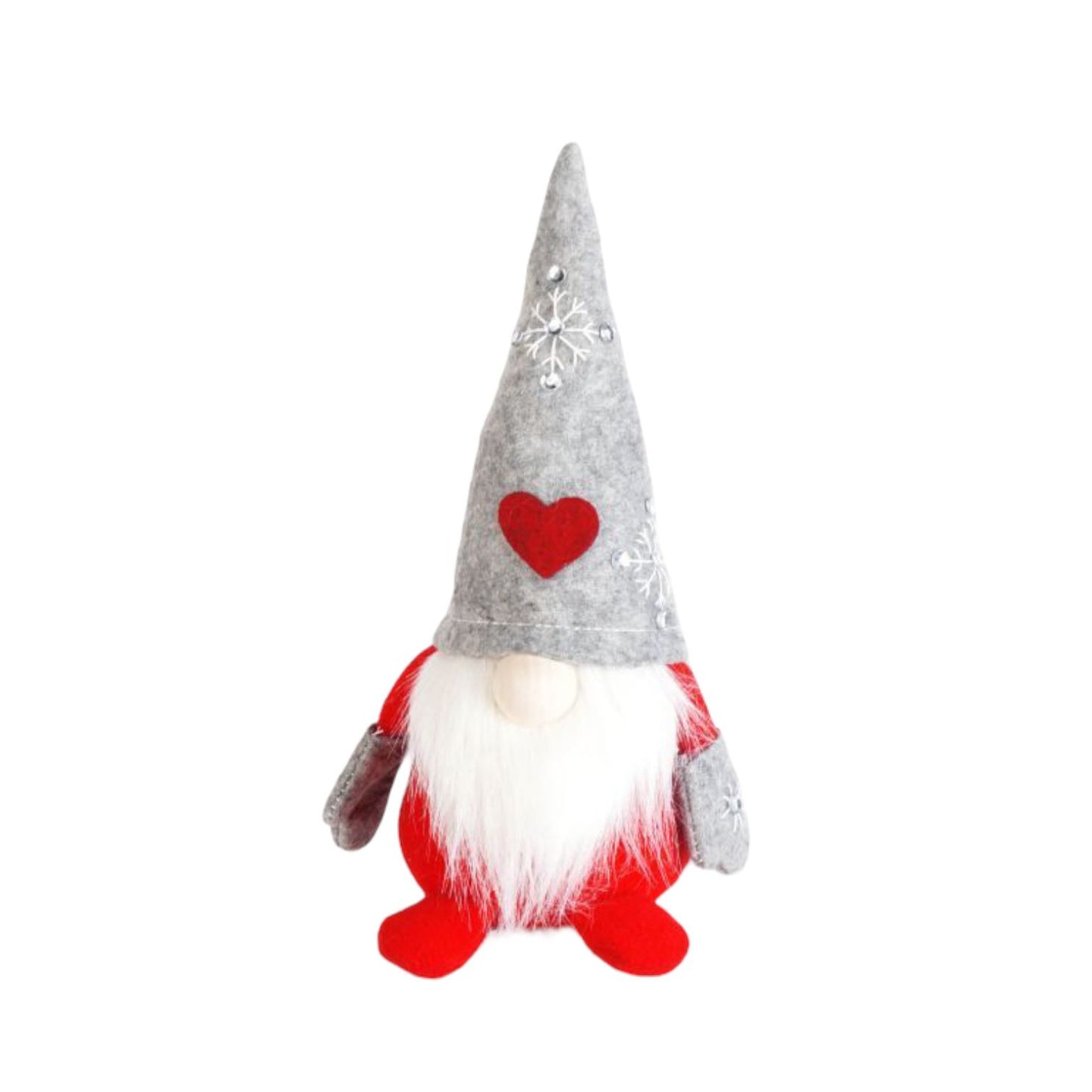 Wichtel - Santa sitzend mit Herz auf der Mütze, sowie gestickter Schneeflocke mit Strasssteinen. Der Wichtel besteht aus einem strapazierfähigen Filz und einer Holznase . Höhe: ca. 23 cm - 
Gewicht: ca. 200 g - Applikationen: Gestickte Schneeflocke mit Strasssteinen - Material: Filz, Holz, Strasssteine - Farben: grau, rot, weiß