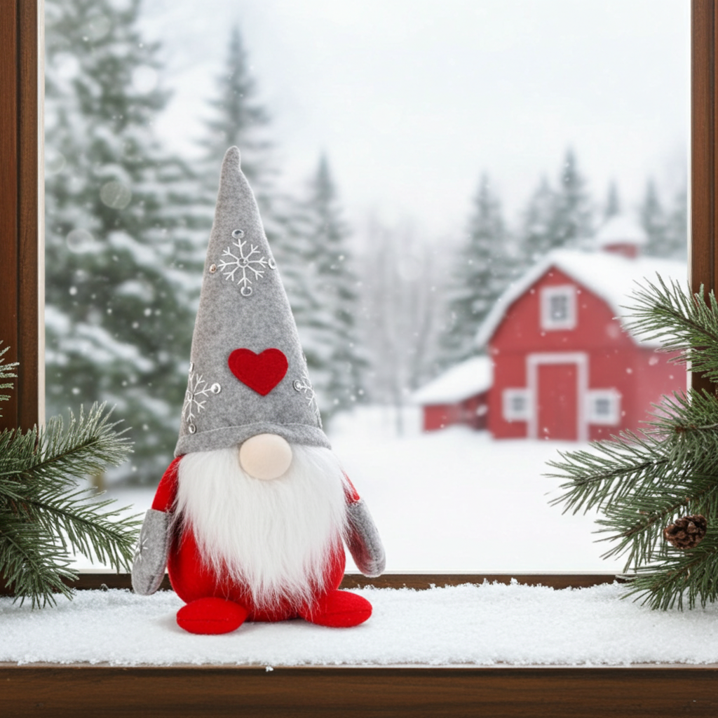 Wichtel - Santa sitzend mit Herz auf der Mütze, sowie gestickter Schneeflocke mit Strasssteinen. Der Wichtel besteht aus einem strapazierfähigen Filz und einer Holznase . Höhe: ca. 23 cm - 
Gewicht: ca. 200 g - Applikationen: Gestickte Schneeflocke mit Strasssteinen - Material: Filz, Holz, Strasssteine - Farben: grau, rot, weiß