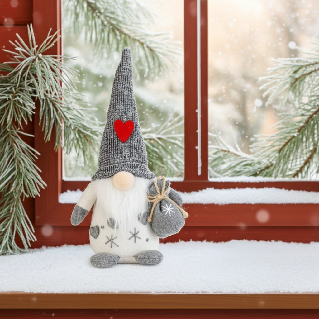 Wichtel Santa mit Geschenkesack und Holznase in 2 Größen - In Kombination bilden die beiden Wichtel das perfekte Paar. Höhe klein: 15,5 cm / Höhe groß: 20,5 cm - Applikationen: Filz Herz - Material: Filz, Holz, Stoff - Farben: grau, weiß