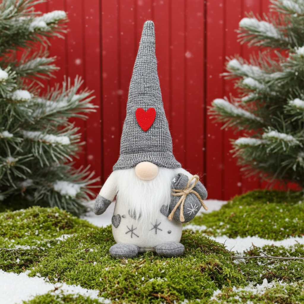 Wichtel Santa mit Geschenkesack und Holznase in 2 Größen - In Kombination bilden die beiden Wichtel das perfekte Paar. Höhe klein: 15,5 cm / Höhe groß: 20,5 cm - Applikationen: Filz Herz - Material: Filz, Holz, Stoff - Farben: grau, weiß