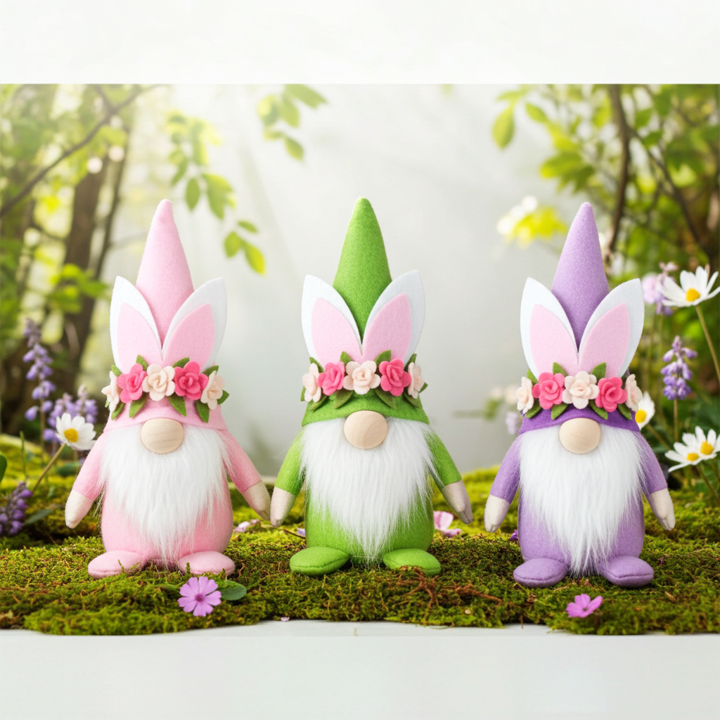 Wichtel Osterhase in 3 Farben erhältlich - In Kombination bilden die drei Wichtel das perfekte Trio zu Ostern. Höhe:20cm - Gewicht: 225 g - Applikationen: Filz Blumen, Hasenohren - Material: Filz, Holz, Stoff - Farben: grün, rosa, lila, weiß