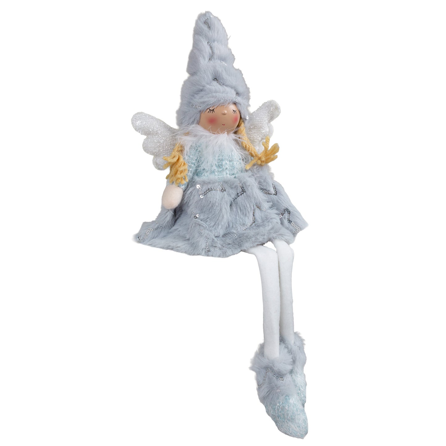 Kantenhocker Engel mit Pailletten besetztem Plüschkleid in der tollen Farbe Eisblau. Die silbernen Pailletten in Form eines Sterns finden sich auch auf den Schuhen und der Mütze. Höhe: ca. 40 cm - Material: Plüsch, Strick, Stoff, Feder, Kunststoff Farbe: eisblau, weiß, natur, silber