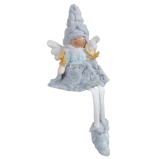 Kantenhocker Engel mit Pailletten besetztem Plüschkleid in der tollen Farbe Eisblau. Die silbernen Pailletten in Form eines Sterns finden sich auch auf den Schuhen und der Mütze. Höhe: ca. 40 cm - Material: Plüsch, Strick, Stoff, Feder, Kunststoff Farbe: eisblau, weiß, natur, silber