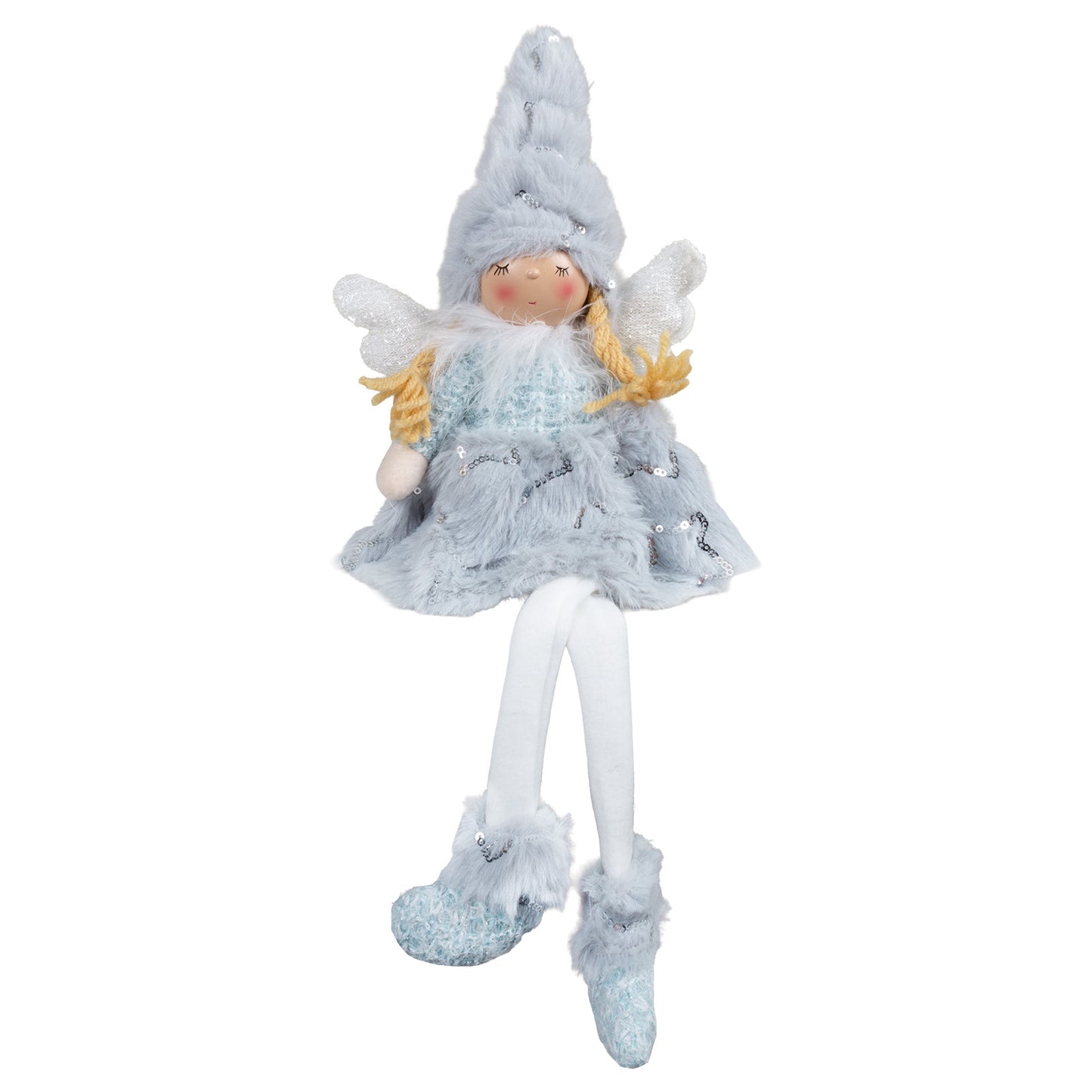 Kantenhocker Engel mit Pailletten besetztem Plüschkleid in der tollen Farbe Eisblau. Die silbernen Pailletten in Form eines Sterns finden sich auch auf den Schuhen und der Mütze. Höhe: ca. 40 cm - Material: Plüsch, Strick, Stoff, Feder, Kunststoff Farbe: eisblau, weiß, natur, silber