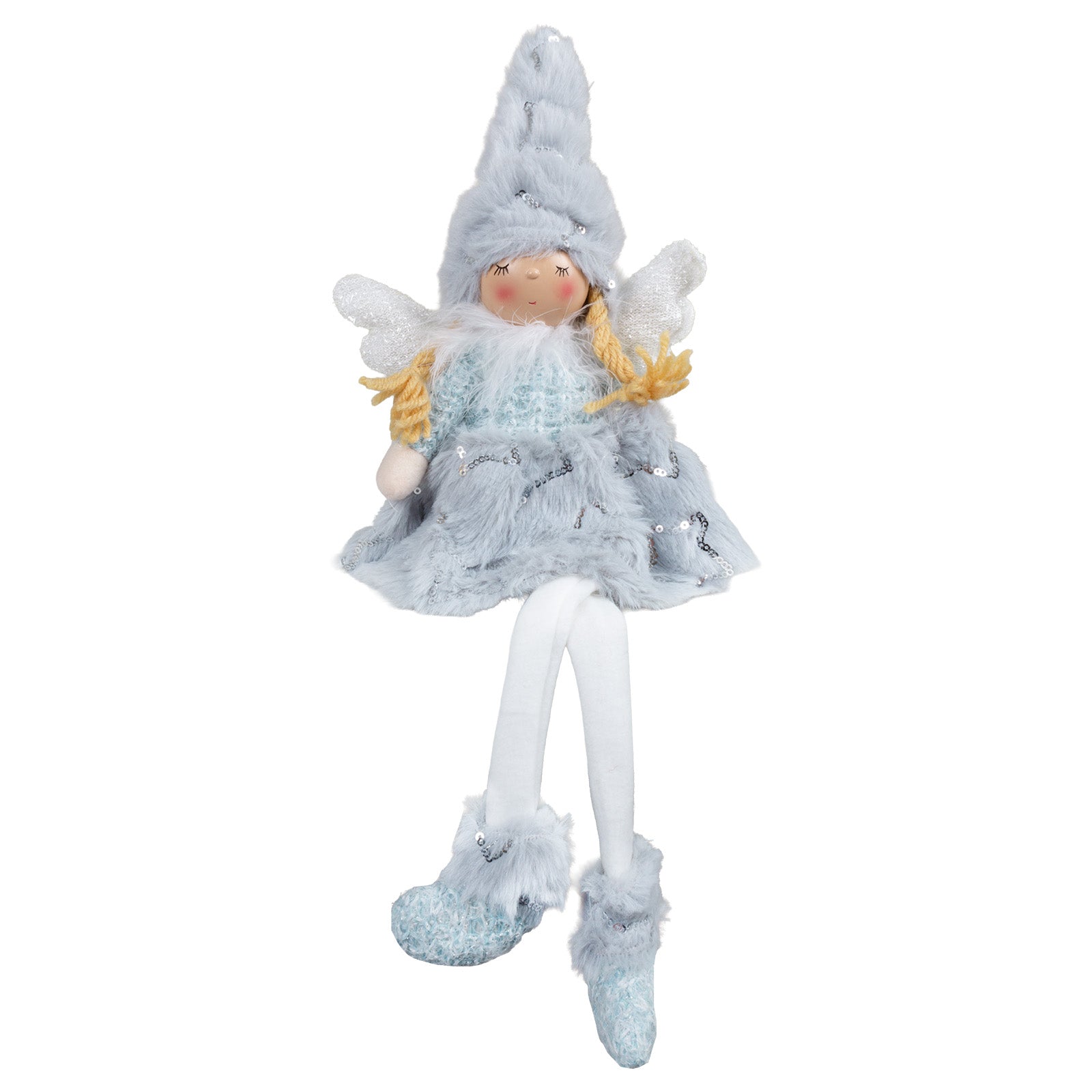Kantenhocker Engel mit Pailletten besetztem Plüschkleid in der tollen Farbe Eisblau. Die silbernen Pailletten in Form eines Sterns finden sich auch auf den Schuhen und der Mütze. Höhe: ca. 40 cm - Material: Plüsch, Strick, Stoff, Feder, Kunststoff Farbe: eisblau, weiß, natur, silber