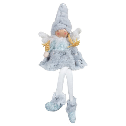 Kantenhocker Engel mit Pailletten besetztem Plüschkleid in der tollen Farbe Eisblau. Die silbernen Pailletten in Form eines Sterns finden sich auch auf den Schuhen und der Mütze. Höhe: ca. 40 cm - Material: Plüsch, Strick, Stoff, Feder, Kunststoff Farbe: eisblau, weiß, natur, silber