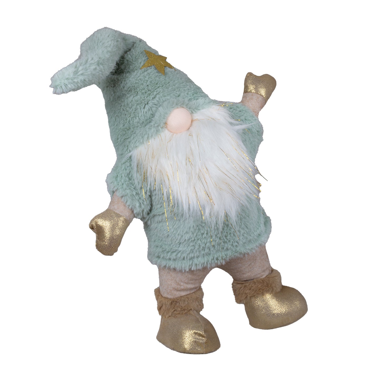 Stehender Wichtel mit einer türkisen Zottelmütze und Mantel, sowie gold schimmernden Handschuhen und Schuhen. Im weißen Fellbart sind goldene Strähnen eingearbeitet. Alleine durch seine Art zu stehen , ist er eine super positive Erscheinung. Höhe: ca. 45 cm - 
Material: Stoff, Fell, Metall - Farben: türkis, weiß, braun, gold