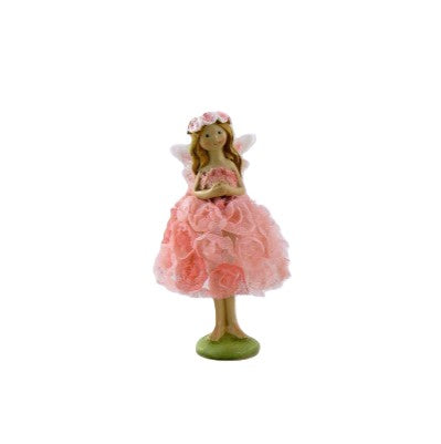 Elfe im Rosenkleid - stehend - in rosa oder apricot erhältlich. 
Maße: Höhe ca. 11 cm 
Material: Polyresin, Stoff, Metall
Farben: rosa, apricot
Lieferumfang: 1 Elfe in der ausgesuchten Farbe