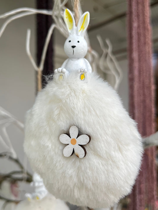 Hase - Plüschei - weiß-gelb - zum Hängen - H 11 cm