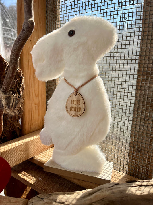 Aufsteller Hase - aus Plüsch - auf Holz - weiß - ca. 28 cm