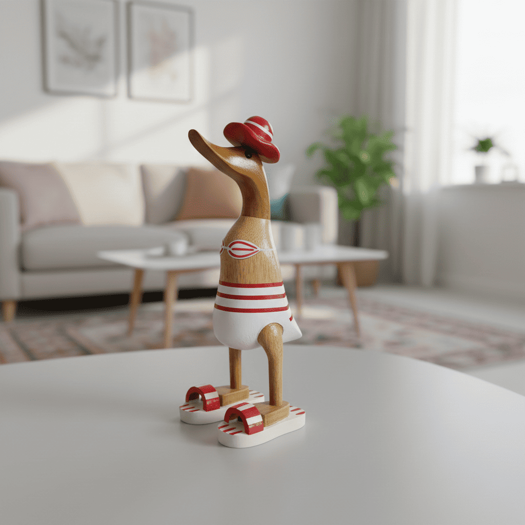 Ente aus Bambus - Badefreund - mit roten Badelatschen, Sonnenhut und Bikini - Höhe ca. 25 cm.
Wunderschöne Deko aus Bambuswurzel. Jedes Teil handgefertigt und ein Unikat. Ein Hingucker für Drinnen und Draußen.
Ente mit Bikini, Sonnenhut und Badelatschen in rot
Farbe: natur / rot / weiß
Material: Bambus
Maße: Höhe 25 cm
Ursprung: Indonesien