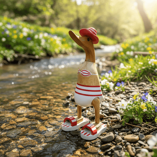 Ente aus Bambus - Badefreund - mit roten Badelatschen, Sonnenhut und Bikini - Höhe ca. 25 cm.
Wunderschöne Deko aus Bambuswurzel. Jedes Teil handgefertigt und ein Unikat. Ein Hingucker für Drinnen und Draußen.
Ente mit Bikini, Sonnenhut und Badelatschen in rot
Farbe: natur / rot / weiß
Material: Bambus
Maße: Höhe 25 cm
Ursprung: Indonesien