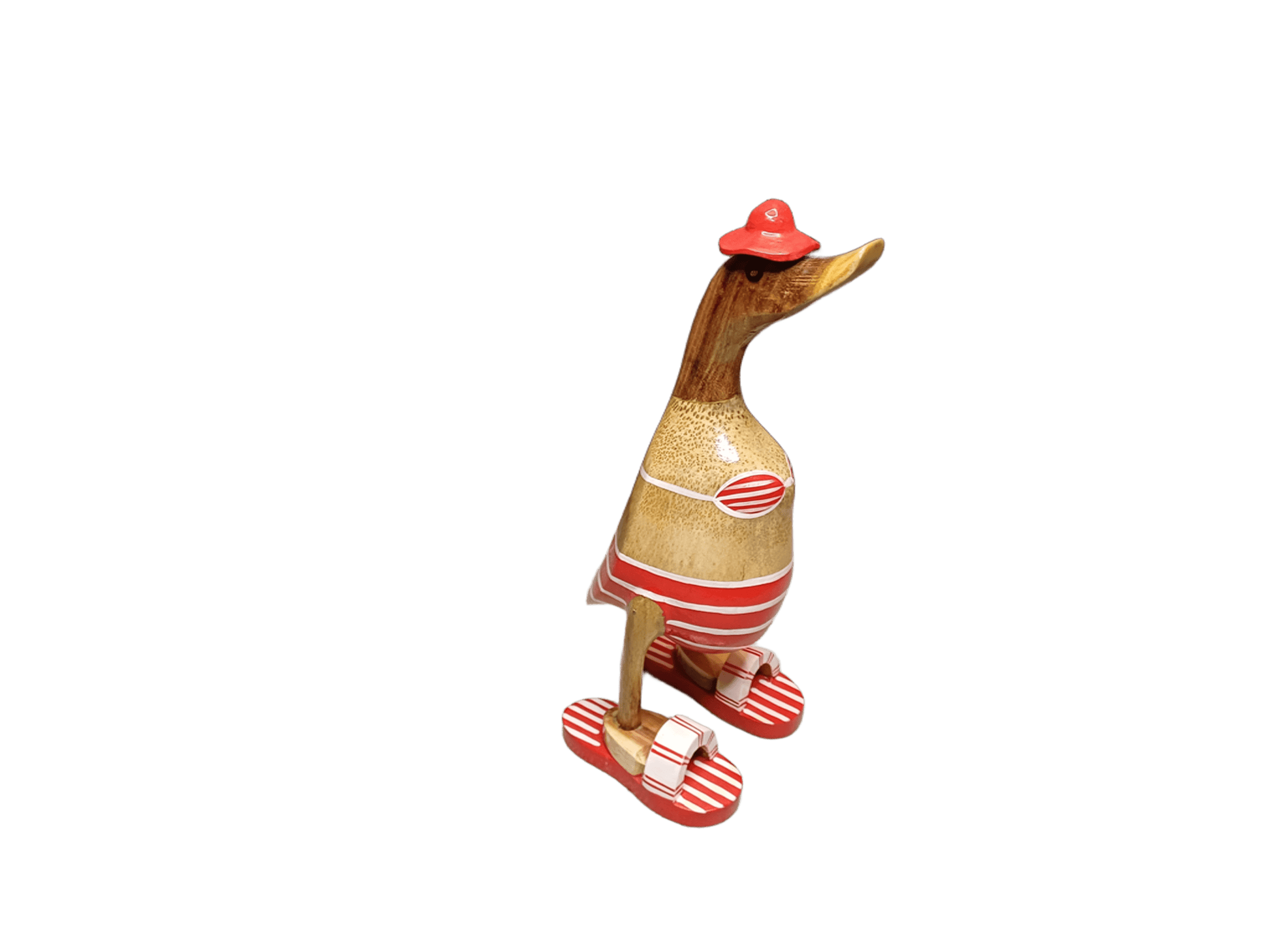 Ente aus Bambus - Badefreund - mit roten Flip Flops, Hut und Bikini - Höhe ca. 25 cm. Wunderschöne Deko aus Bambuswurzel. Jedes Teil handgefertigt und ein Unikat. Ein Hingucker für Drinnen und Draußen
