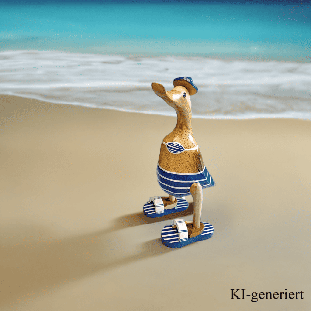 Ente aus Bambus - Badefreund - mit blauen Flip Flops, Hut und Bikini - Höhe ca. 25 cm. Wunderschöne Deko aus Bambuswurzel. Jedes Teil handgefertigt und ein Unikat. Ein Hingucker für Drinnen und Draußen. Zudem stehen die Enten aus Bambus für Familie, Treue & Liebe und Holz für Wachstum. So macht es sie dadurch auch zu einem bedeutungsvollen Geschenk für einen lieben Menschen.