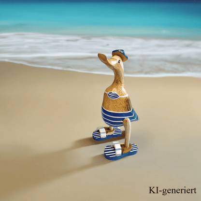 Ente aus Bambus - Badefreund - mit blauen Flip Flops, Hut und Bikini - Höhe ca. 25 cm. Wunderschöne Deko aus Bambuswurzel. Jedes Teil handgefertigt und ein Unikat. Ein Hingucker für Drinnen und Draußen. Zudem stehen die Enten aus Bambus für Familie, Treue & Liebe und Holz für Wachstum. So macht es sie dadurch auch zu einem bedeutungsvollen Geschenk für einen lieben Menschen.