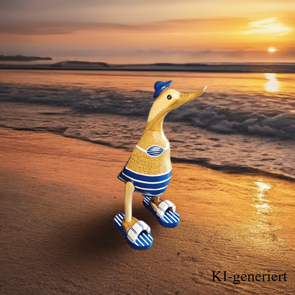 Ente aus Bambus - Badefreund - mit blauen Flip Flops, Hut und Bikini - Höhe ca. 25 cm. Wunderschöne Deko aus Bambuswurzel. Jedes Teil handgefertigt und ein Unikat. Ein Hingucker für Drinnen und Draußen. Zudem stehen die Enten aus Bambus für Familie, Treue & Liebe und Holz für Wachstum. So macht es sie dadurch auch zu einem bedeutungsvollen Geschenk für einen lieben Menschen.