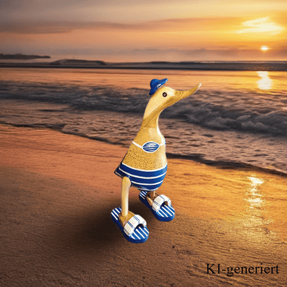 Ente aus Bambus - Badefreund - mit blauen Flip Flops, Hut und Bikini - Höhe ca. 25 cm. Wunderschöne Deko aus Bambuswurzel. Jedes Teil handgefertigt und ein Unikat. Ein Hingucker für Drinnen und Draußen. Zudem stehen die Enten aus Bambus für Familie, Treue & Liebe und Holz für Wachstum. So macht es sie dadurch auch zu einem bedeutungsvollen Geschenk für einen lieben Menschen.