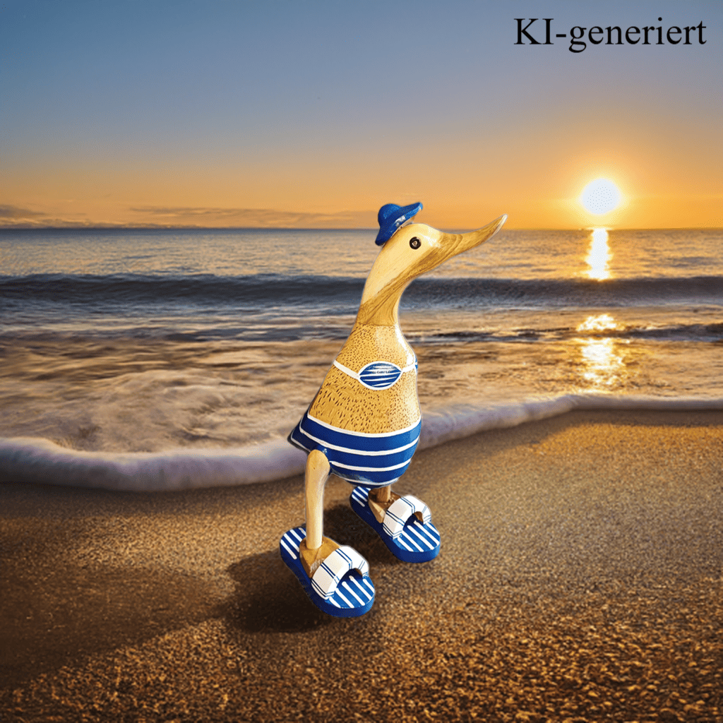 Ente aus Bambus - Badefreund - mit blauen Flip Flops, Hut und Bikini - Höhe ca. 25 cm. Wunderschöne Deko aus Bambuswurzel. Jedes Teil handgefertigt und ein Unikat. Ein Hingucker für Drinnen und Draußen. Zudem stehen die Enten aus Bambus für Familie, Treue & Liebe und Holz für Wachstum. So macht es sie dadurch auch zu einem bedeutungsvollen Geschenk für einen lieben Menschen.