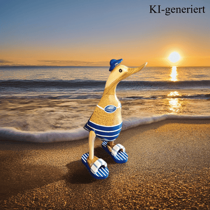 Ente aus Bambus - Badefreund - mit blauen Flip Flops, Hut und Bikini - Höhe ca. 25 cm. Wunderschöne Deko aus Bambuswurzel. Jedes Teil handgefertigt und ein Unikat. Ein Hingucker für Drinnen und Draußen. Zudem stehen die Enten aus Bambus für Familie, Treue & Liebe und Holz für Wachstum. So macht es sie dadurch auch zu einem bedeutungsvollen Geschenk für einen lieben Menschen.