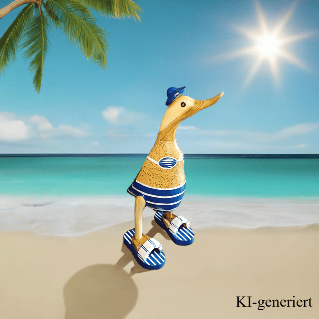 Ente aus Bambus - Badefreund - mit blauen Flip Flops, Hut und Bikini - Höhe ca. 25 cm. Wunderschöne Deko aus Bambuswurzel. Jedes Teil handgefertigt und ein Unikat. Ein Hingucker für Drinnen und Draußen. Zudem stehen die Enten aus Bambus für Familie, Treue & Liebe und Holz für Wachstum. So macht es sie dadurch auch zu einem bedeutungsvollen Geschenk für einen lieben Menschen.