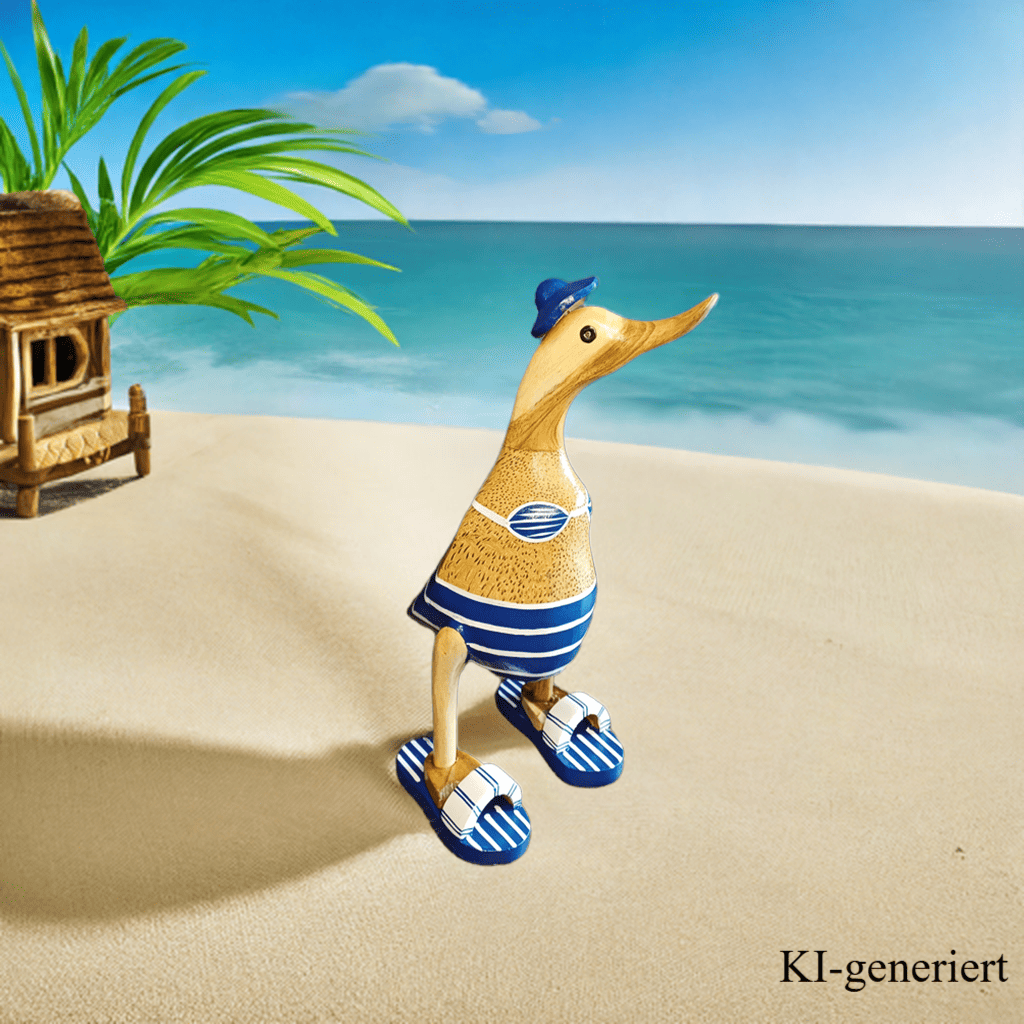 Ente aus Bambus - Badefreund - mit blauen Flip Flops, Hut und Bikini - Höhe ca. 25 cm. Wunderschöne Deko aus Bambuswurzel. Jedes Teil handgefertigt und ein Unikat. Ein Hingucker für Drinnen und Draußen. Zudem stehen die Enten aus Bambus für Familie, Treue & Liebe und Holz für Wachstum. So macht es sie dadurch auch zu einem bedeutungsvollen Geschenk für einen lieben Menschen.