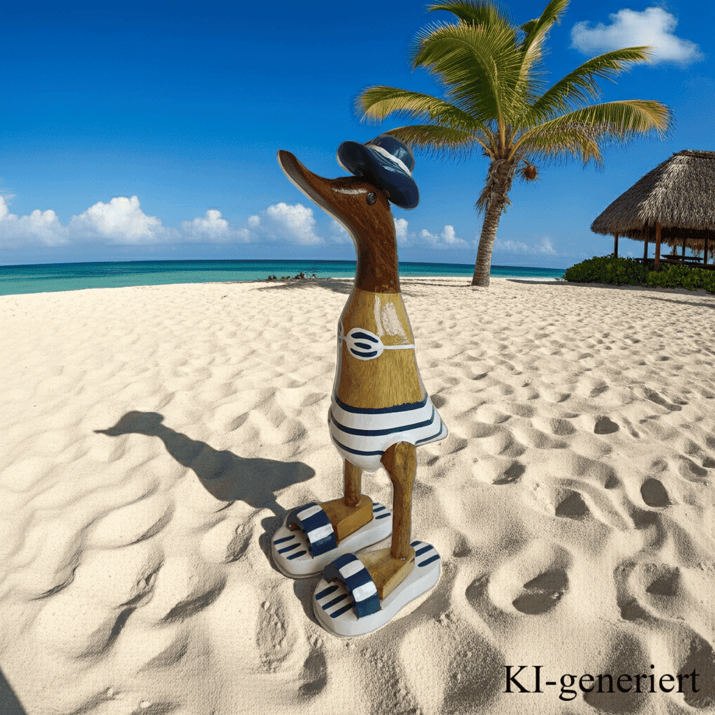Ente aus Bambus - Badefreund - mit blauen Badelatschen, Sonnenhut und Bikini - Höhe ca. 25 cm.
Wunderschöne Deko aus Bambuswurzel. Jedes Teil handgefertigt und ein Unikat. Ein Hingucker für Drinnen und Draußen.
Ente mit Bikini, Sonnenhut und Badelatschen in blau
Farbe: natur / blau / weiß
Material: Bambus
Maße: Höhe 25 cm
Ursprung: Indonesien
Das Bild ist KI-generiert