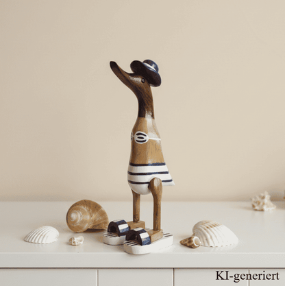 Ente aus Bambus - Badefreund - mit blauen Badelatschen, Sonnenhut und Bikini - Höhe ca. 25 cm.
Wunderschöne Deko aus Bambuswurzel. Jedes Teil handgefertigt und ein Unikat. Ein Hingucker für Drinnen und Draußen.
Ente mit Bikini, Sonnenhut und Badelatschen in blau
Farbe: natur / blau / weiß
Material: Bambus
Maße: Höhe 25 cm
Ursprung: Indonesien
Das Bild ist KI-generiert