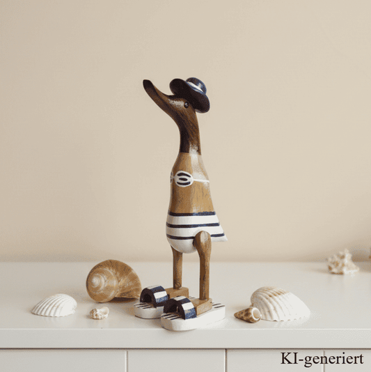 Ente aus Bambus - Badefreund - mit blauen Badelatschen, Sonnenhut und Bikini - Höhe ca. 25 cm.
Wunderschöne Deko aus Bambuswurzel. Jedes Teil handgefertigt und ein Unikat. Ein Hingucker für Drinnen und Draußen.
Ente mit Bikini, Sonnenhut und Badelatschen in blau
Farbe: natur / blau / weiß
Material: Bambus
Maße: Höhe 25 cm
Ursprung: Indonesien
Das Bild ist KI-generiert