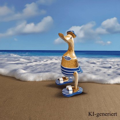 Ente aus Bambus - Badefreund - mit blauen Flip Flops, Hut und Bikini - Höhe ca. 25 cm. Wunderschöne Deko aus Bambuswurzel. Jedes Teil handgefertigt und ein Unikat. Ein Hingucker für Drinnen und Draußen. Zudem stehen die Enten aus Bambus für Familie, Treue & Liebe und Holz für Wachstum. So macht es sie dadurch auch zu einem bedeutungsvollen Geschenk für einen lieben Menschen.