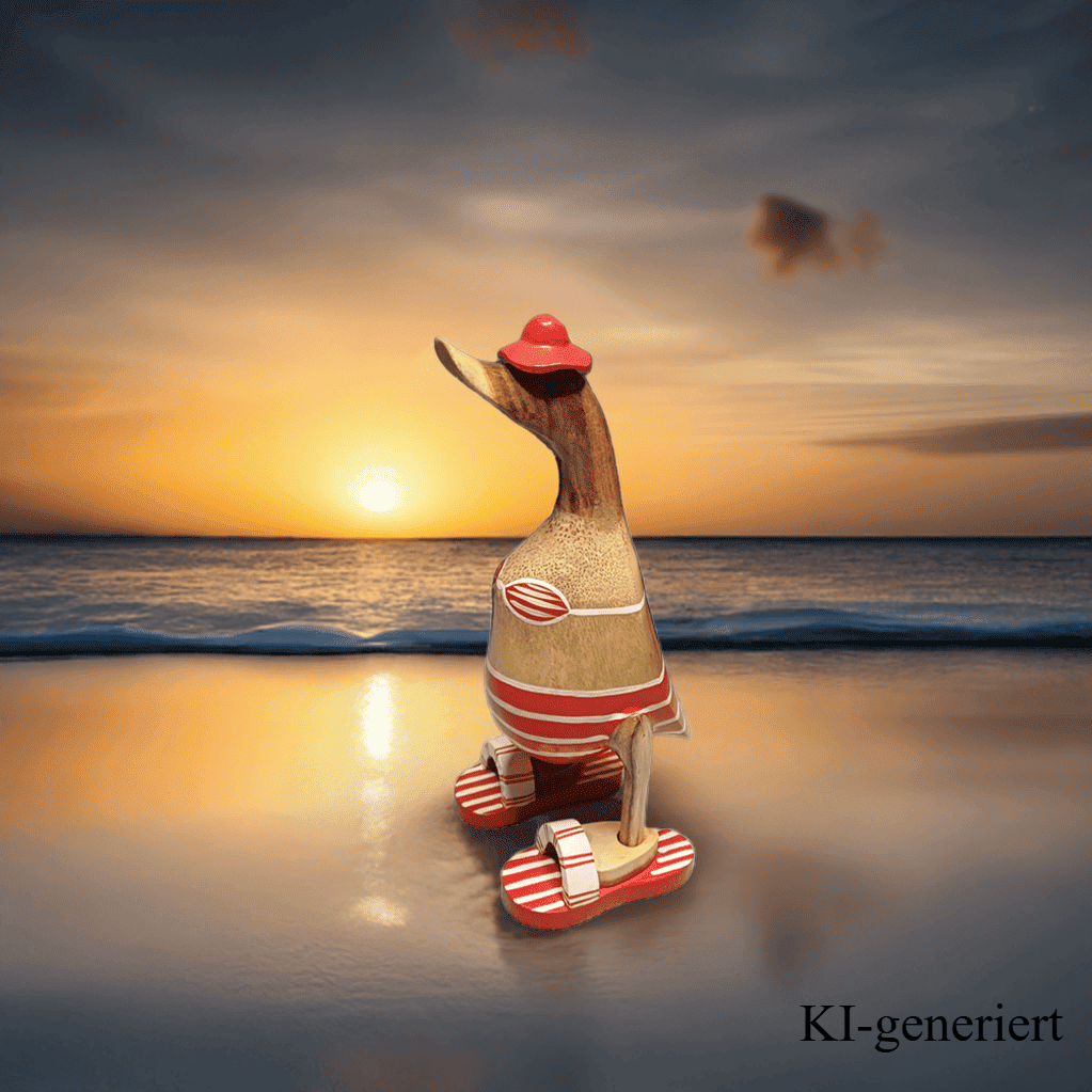 Ente aus Bambus - Badefreund - mit roten Flip Flops, Hut und Bikini - Höhe ca. 25 cm. Wunderschöne Deko aus Bambuswurzel. Jedes Teil handgefertigt und ein Unikat. Ein Hingucker für Drinnen und Draußen. Das Bild ist KI-generiert