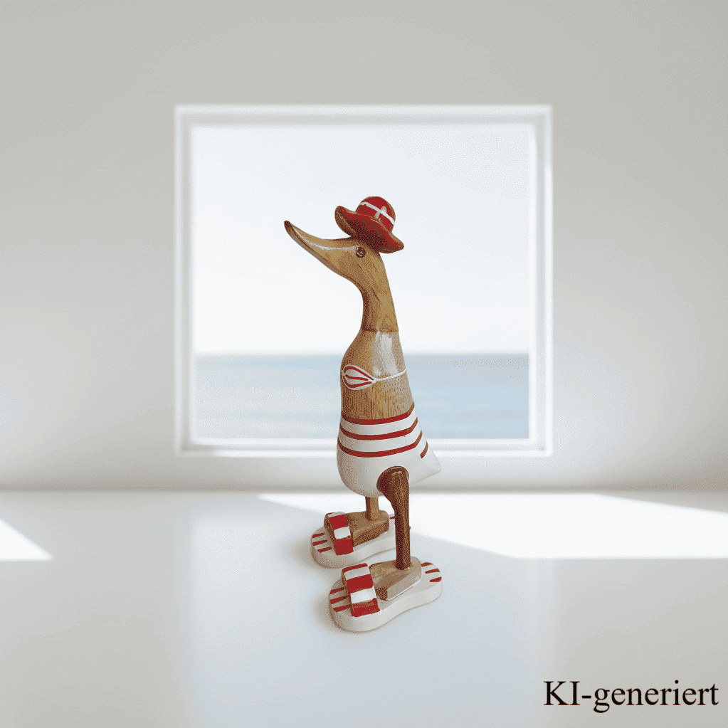 Ente aus Bambus - Badefreund - mit roten Badelatschen, Sonnenhut und Bikini - Höhe ca. 25 cm.
Wunderschöne Deko aus Bambuswurzel. Jedes Teil handgefertigt und ein Unikat. Ein Hingucker für Drinnen und Draußen.
Ente mit Bikini, Sonnenhut und Badelatschen in rot
Farbe: natur / rot / weiß
Material: Bambus
Maße: Höhe 25 cm
Ursprung: Indonesien
Das Bild ist KI-generiert