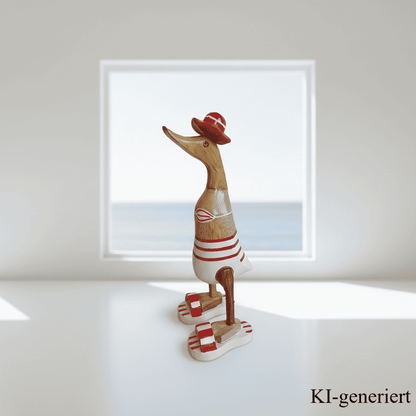 Ente aus Bambus - Badefreund - mit roten Badelatschen, Sonnenhut und Bikini - Höhe ca. 25 cm.
Wunderschöne Deko aus Bambuswurzel. Jedes Teil handgefertigt und ein Unikat. Ein Hingucker für Drinnen und Draußen.
Ente mit Bikini, Sonnenhut und Badelatschen in rot
Farbe: natur / rot / weiß
Material: Bambus
Maße: Höhe 25 cm
Ursprung: Indonesien
Das Bild ist KI-generiert