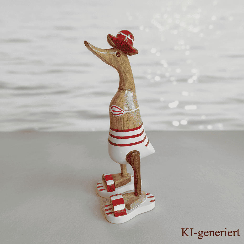 Ente aus Bambus - Badefreund - mit roten Badelatschen, Sonnenhut und Bikini - Höhe ca. 25 cm.
Wunderschöne Deko aus Bambuswurzel. Jedes Teil handgefertigt und ein Unikat. Ein Hingucker für Drinnen und Draußen.
Ente mit Bikini, Sonnenhut und Badelatschen in rot
Farbe: natur / rot / weiß
Material: Bambus
Maße: Höhe 25 cm
Ursprung: Indonesien
Das Bild ist KI-generiert