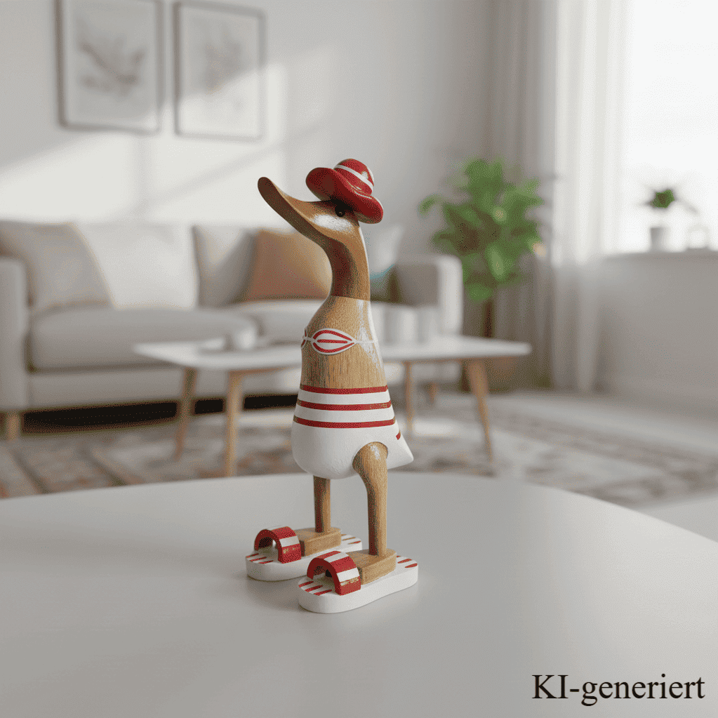 Ente aus Bambus - Badefreund - mit roten Badelatschen, Sonnenhut und Bikini - Höhe ca. 25 cm.
Wunderschöne Deko aus Bambuswurzel. Jedes Teil handgefertigt und ein Unikat. Ein Hingucker für Drinnen und Draußen.
Ente mit Bikini, Sonnenhut und Badelatschen in rot
Farbe: natur / rot / weiß
Material: Bambus
Maße: Höhe 25 cm
Ursprung: Indonesien
Das Bild ist KI-generiert