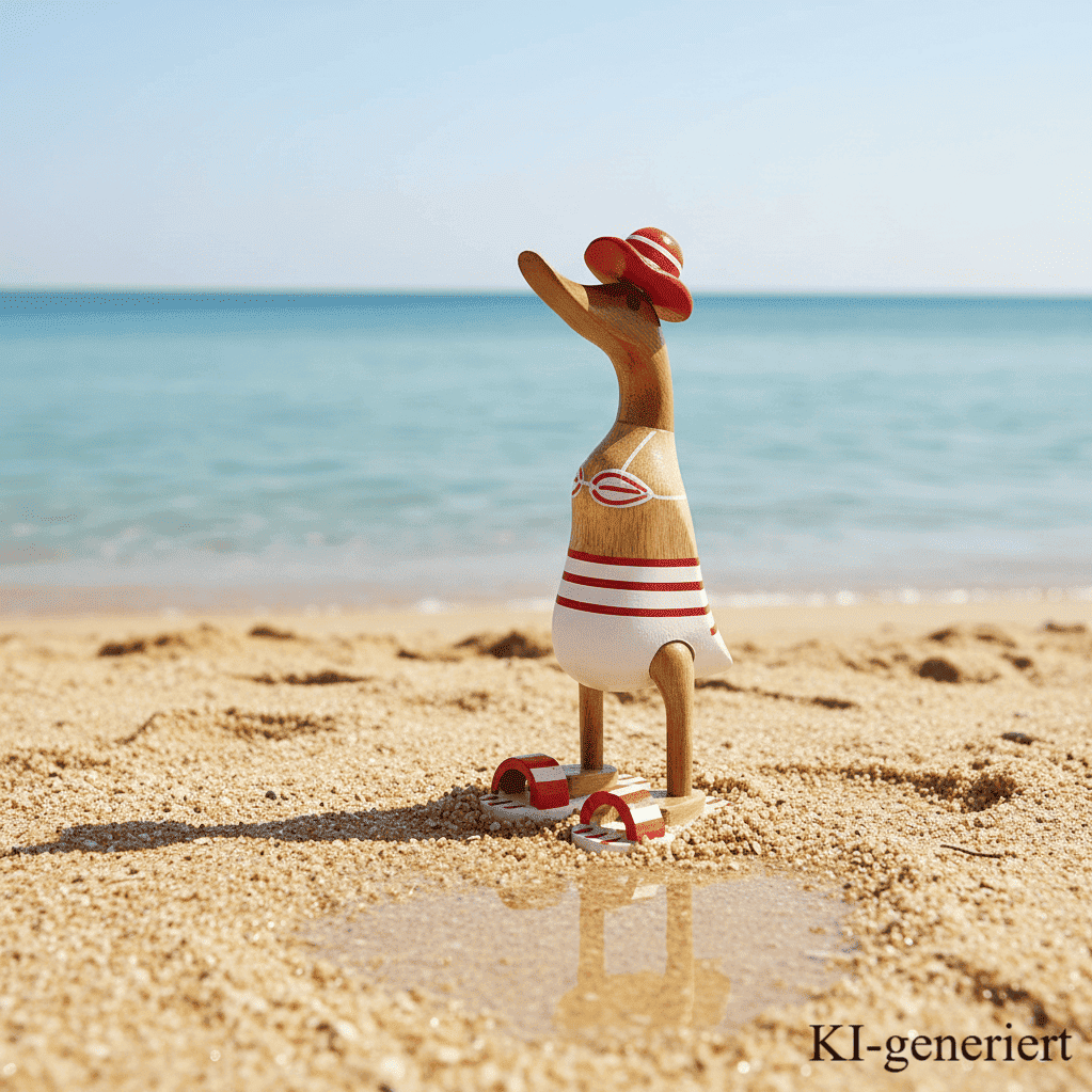 Ente aus Bambus - Badefreund - mit roten Badelatschen, Sonnenhut und Bikini - Höhe ca. 25 cm.
Wunderschöne Deko aus Bambuswurzel. Jedes Teil handgefertigt und ein Unikat. Ein Hingucker für Drinnen und Draußen.
Ente mit Bikini, Sonnenhut und Badelatschen in rot
Farbe: natur / rot / weiß
Material: Bambus
Maße: Höhe 25 cm
Ursprung: Indonesien
Das Bild ist KI-generiert
