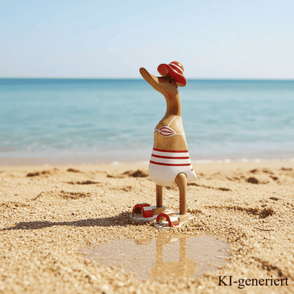 Ente aus Bambus - Badefreund - mit roten Badelatschen, Sonnenhut und Bikini - Höhe ca. 25 cm.
Wunderschöne Deko aus Bambuswurzel. Jedes Teil handgefertigt und ein Unikat. Ein Hingucker für Drinnen und Draußen.
Ente mit Bikini, Sonnenhut und Badelatschen in rot
Farbe: natur / rot / weiß
Material: Bambus
Maße: Höhe 25 cm
Ursprung: Indonesien
Das Bild ist KI-generiert