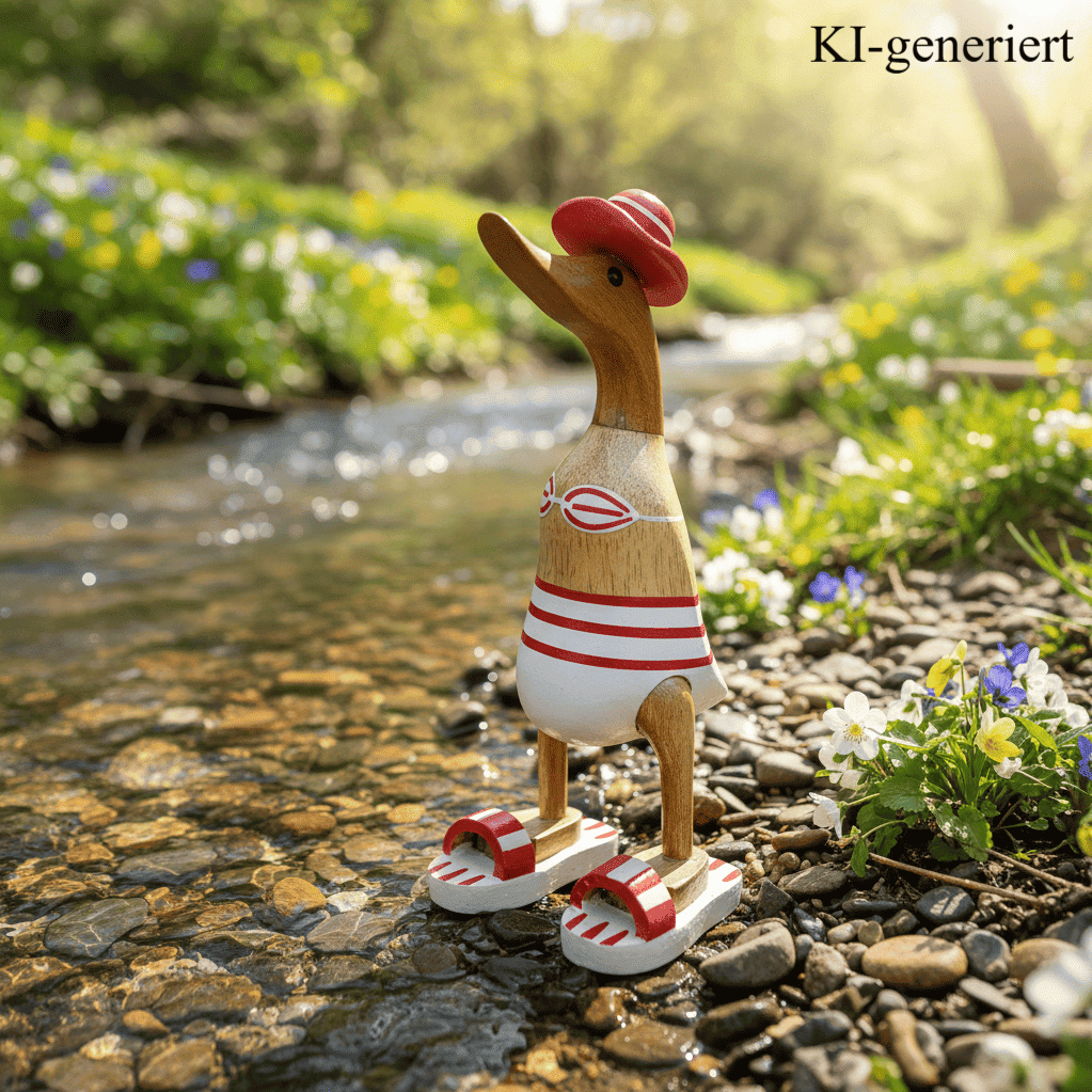 Ente aus Bambus - Badefreund - mit roten Badelatschen, Sonnenhut und Bikini - Höhe ca. 25 cm.
Wunderschöne Deko aus Bambuswurzel. Jedes Teil handgefertigt und ein Unikat. Ein Hingucker für Drinnen und Draußen.
Ente mit Bikini, Sonnenhut und Badelatschen in rot
Farbe: natur / rot / weiß
Material: Bambus
Maße: Höhe 25 cm
Ursprung: Indonesien
Das Bild ist KI-generiert