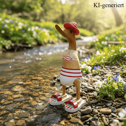 Ente aus Bambus - Badefreund - mit roten Badelatschen, Sonnenhut und Bikini - Höhe ca. 25 cm.
Wunderschöne Deko aus Bambuswurzel. Jedes Teil handgefertigt und ein Unikat. Ein Hingucker für Drinnen und Draußen.
Ente mit Bikini, Sonnenhut und Badelatschen in rot
Farbe: natur / rot / weiß
Material: Bambus
Maße: Höhe 25 cm
Ursprung: Indonesien
Das Bild ist KI-generiert