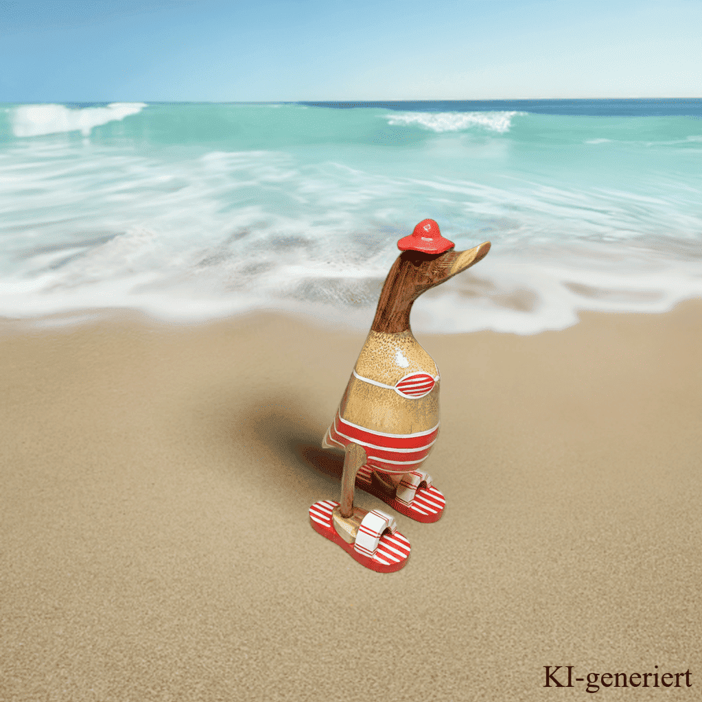 Ente aus Bambus - Badefreund - mit roten Flip Flops, Hut und Bikini - Höhe ca. 25 cm. Wunderschöne Deko aus Bambuswurzel. Jedes Teil handgefertigt und ein Unikat. Ein Hingucker für Drinnen und Draußen. Das Bild ist KI-generiert